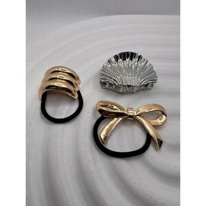 Gold Bow & Wave Hair Ties+Silver Shell Hair‎ Clip Bundle Women's Accessories NWT